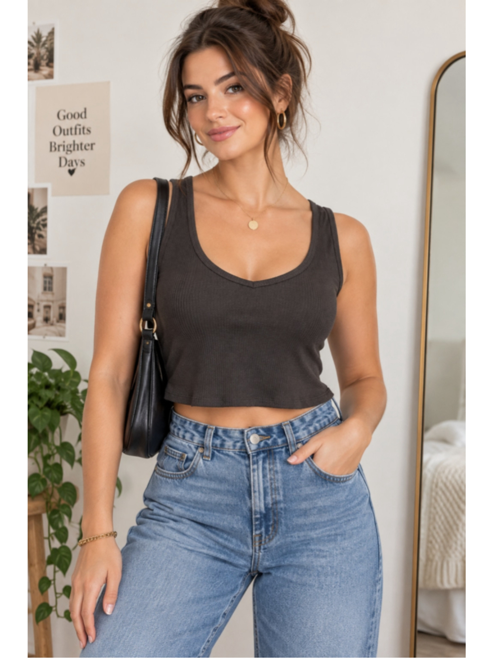 Garage Ribbed V-Neck Tank Top Black Size L